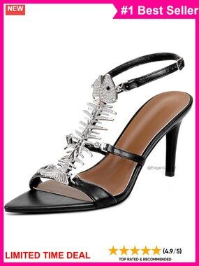 Fishbone Rhinestone Stiletto Heeled Sandals Ankle Strap Pointed Toe Women's